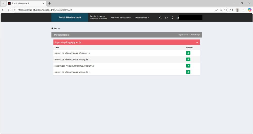 Interface de la bibliothèque numérique de cours et ressources de droit CFJuridique.