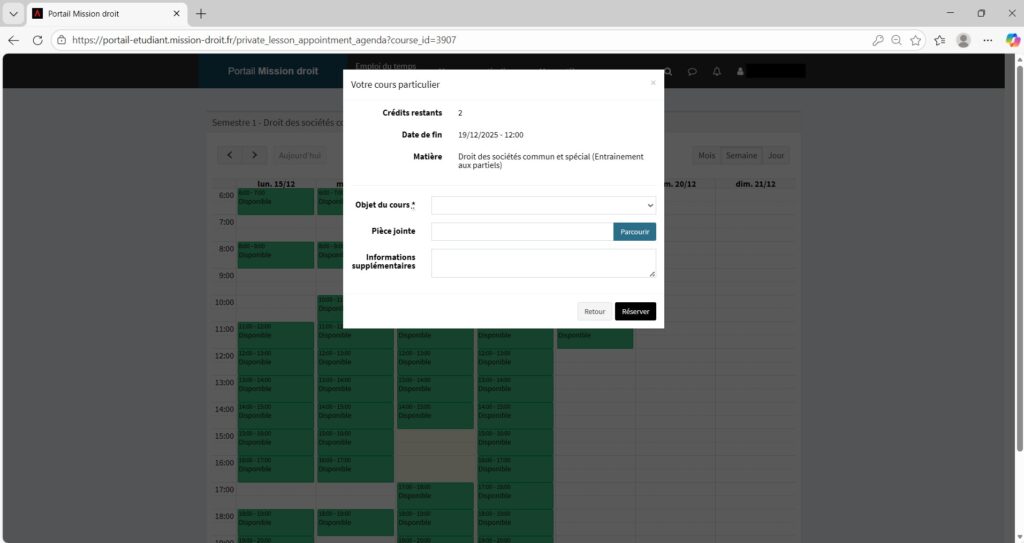 Calendrier de prise de rdv en ligne pour un entretien pédagogique gratuit avec CFJuridique.
