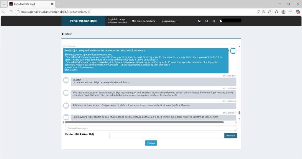Interface de la messagerie instantanée et du tutorat en ligne CFJuridique.